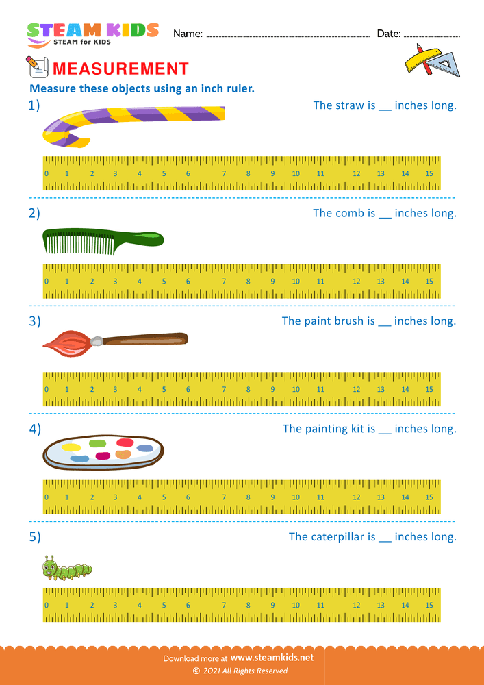 Free Math Worksheet - Measuring with inch ruler - Worksheet 7