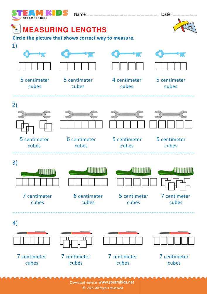 Free Math Worksheet - Measuring with centimeter cubes - Worksheet 2