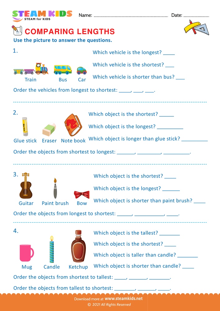 Free Math Worksheet - Comparing lengths - Worksheet 7