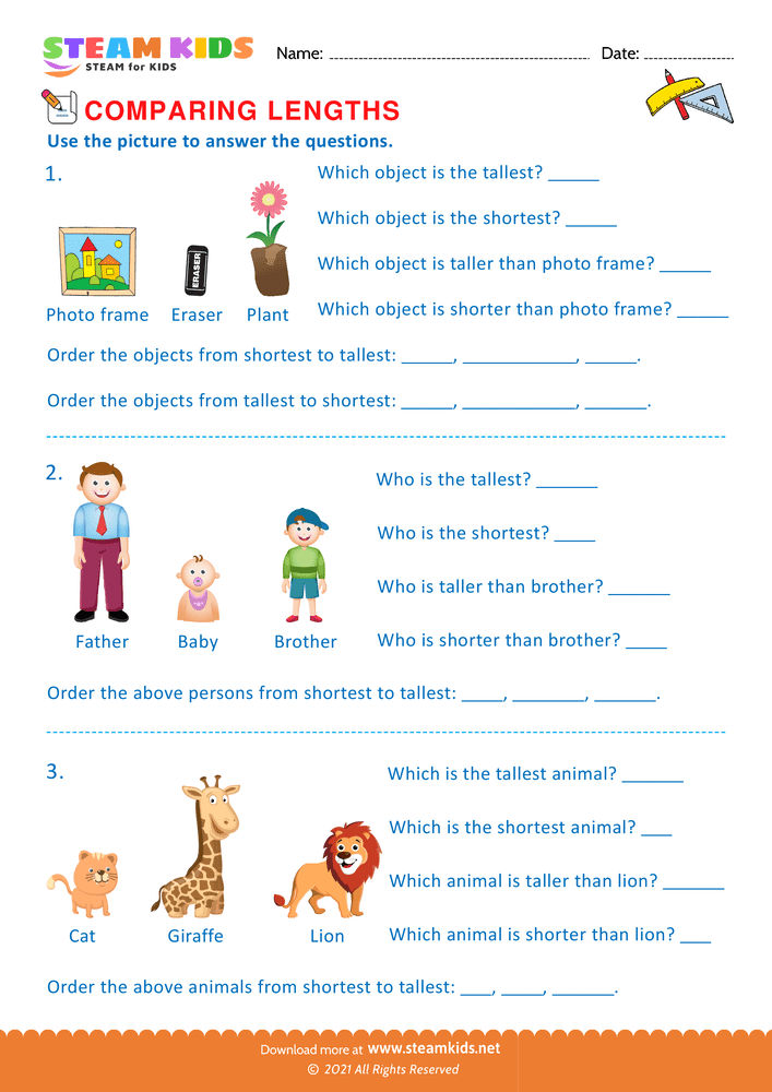 Free Math Worksheet - Comparing lengths - Worksheet 8