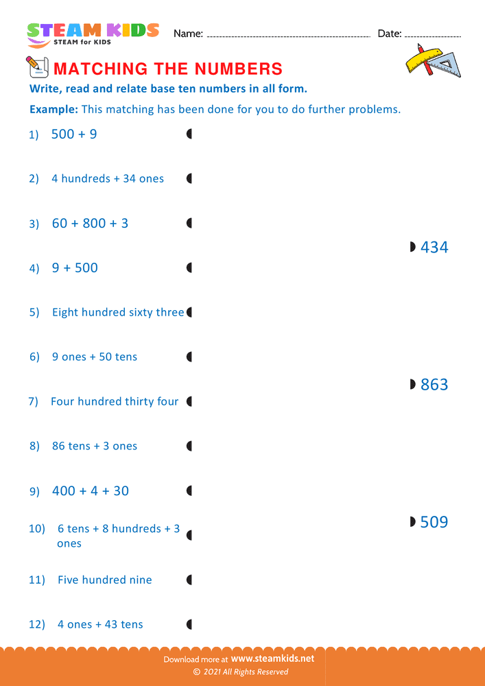 Free Math Worksheet - Matching the Numbers - Worksheet 1