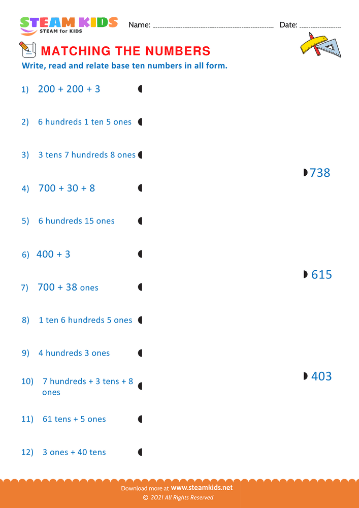 Free Math Worksheet - Matching the Numbers - Worksheet 2