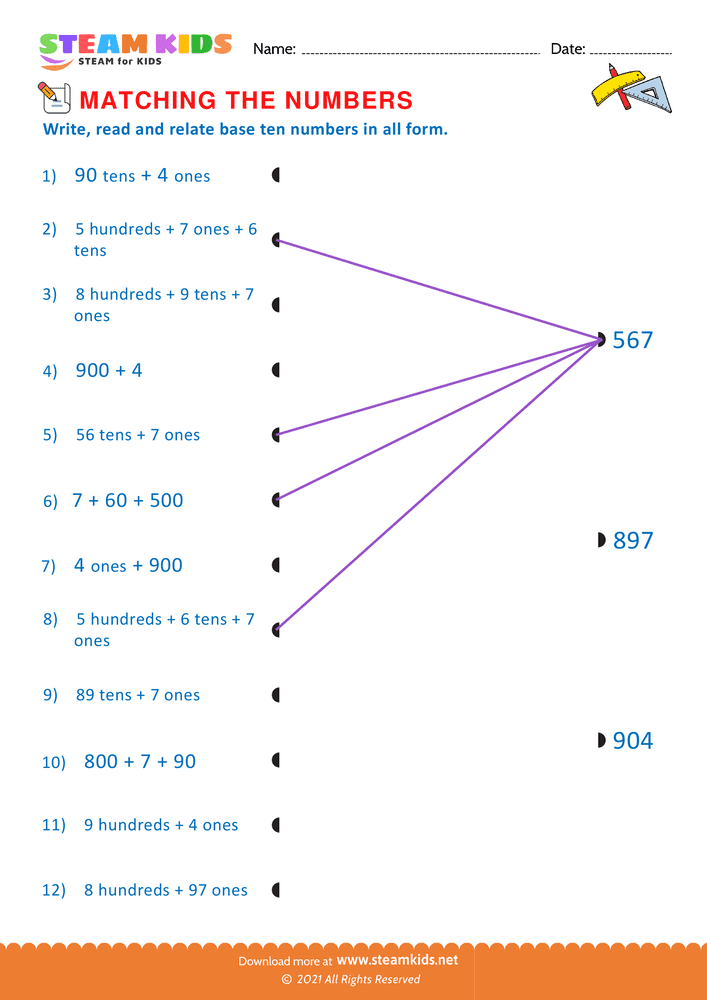 Free Math Worksheet - Matching the Numbers - Worksheet 4