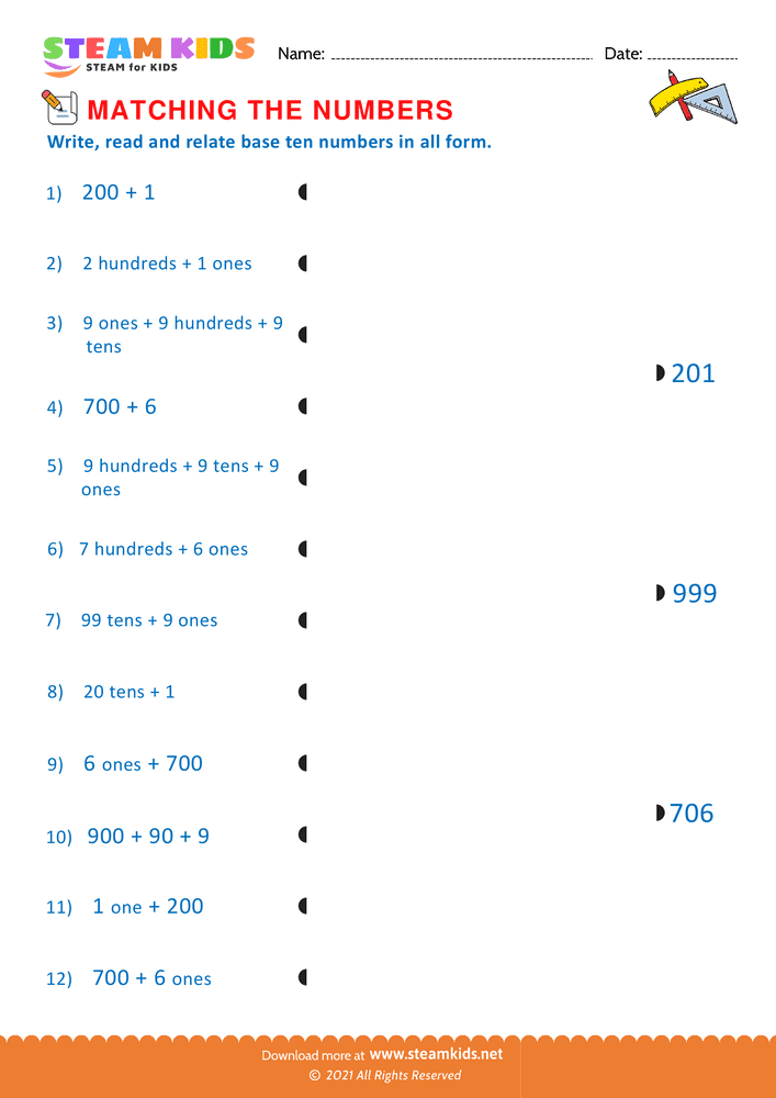Free Math Worksheet - Matching the Numbers - Worksheet 5