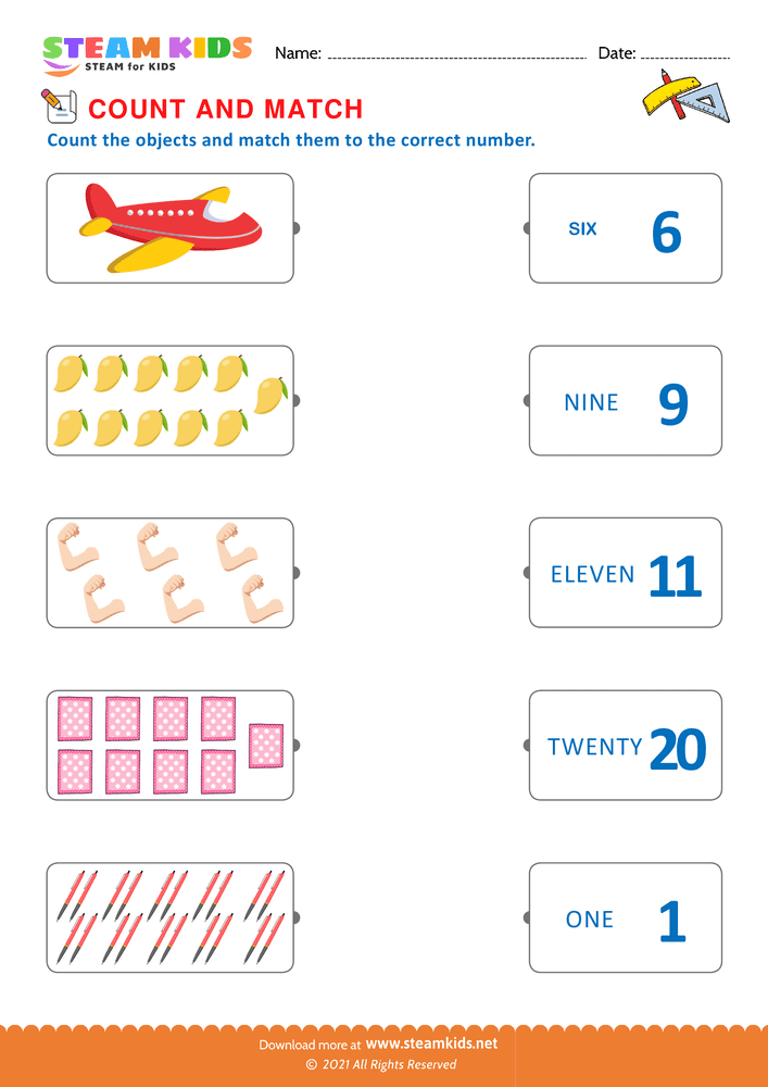 Free Math Worksheet - Count and Match Numbers - Worksheet 2