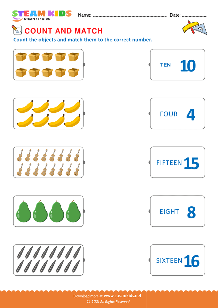 Free Math Worksheet - Count and Match Numbers - Worksheet 3