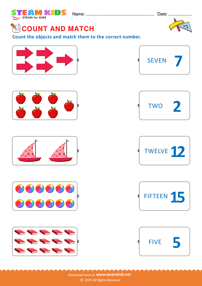 Free Math Worksheet - Count and Match Numbers - Worksheet 4 - STEAM KIDS