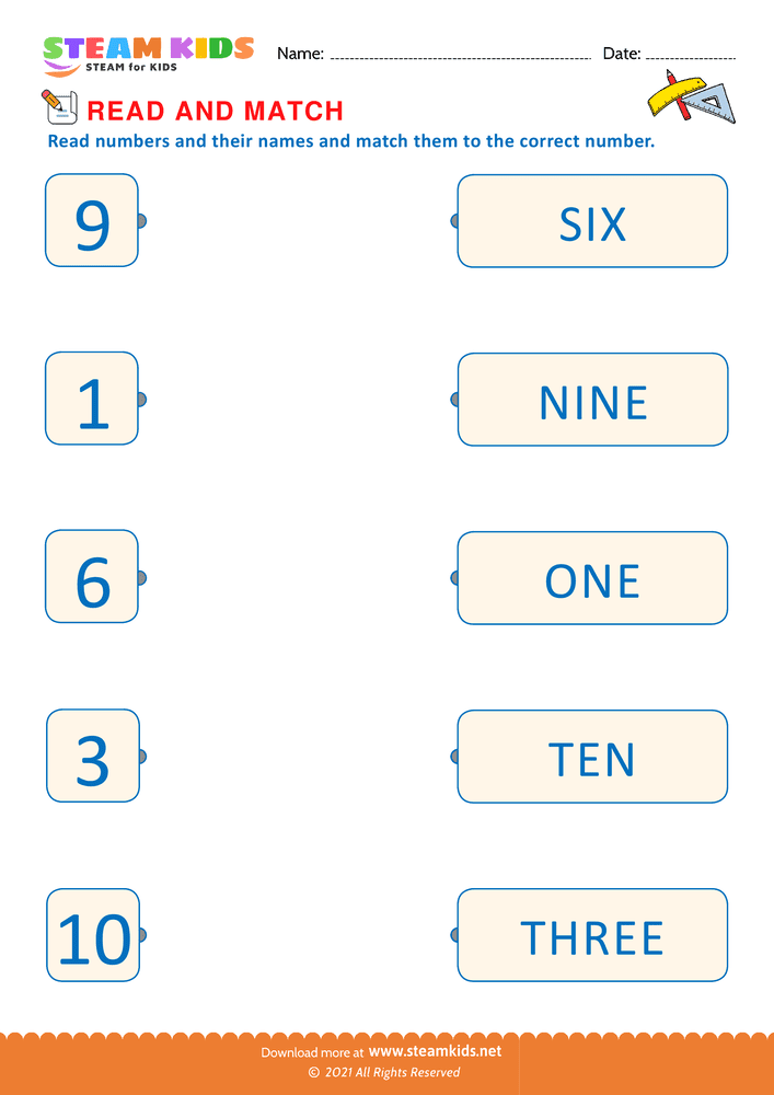 Free Math Worksheet - Read and Match Numbers - Worksheet 1