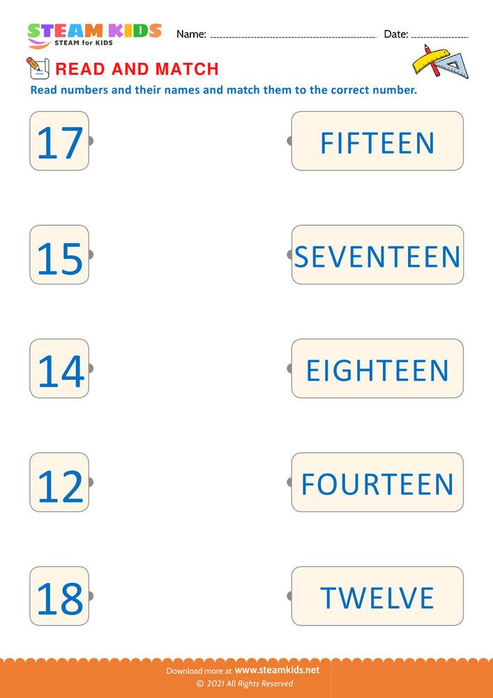 Free Math Worksheet - Read and Match Numbers - Worksheet 3
