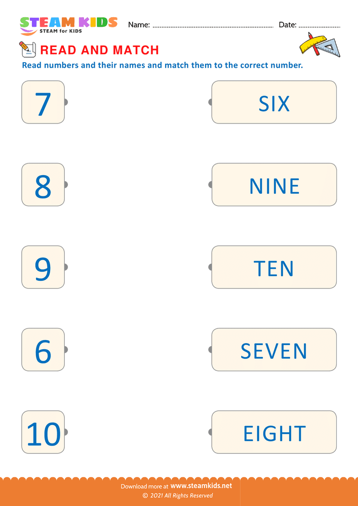 Free Math Worksheet - Read and Match Numbers - Worksheet 5