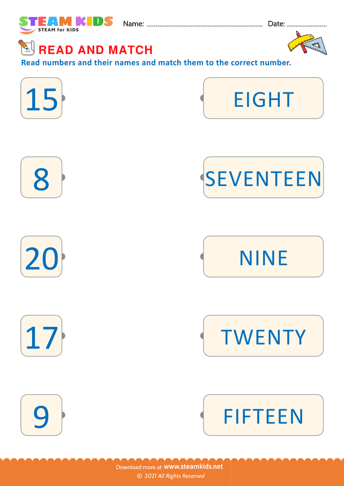Free Math Worksheet - Read and Match Numbers - Worksheet 6