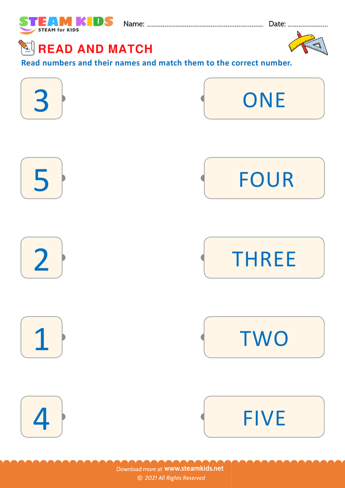 Free Math Worksheet - Read and Match Numbers - Worksheet 7