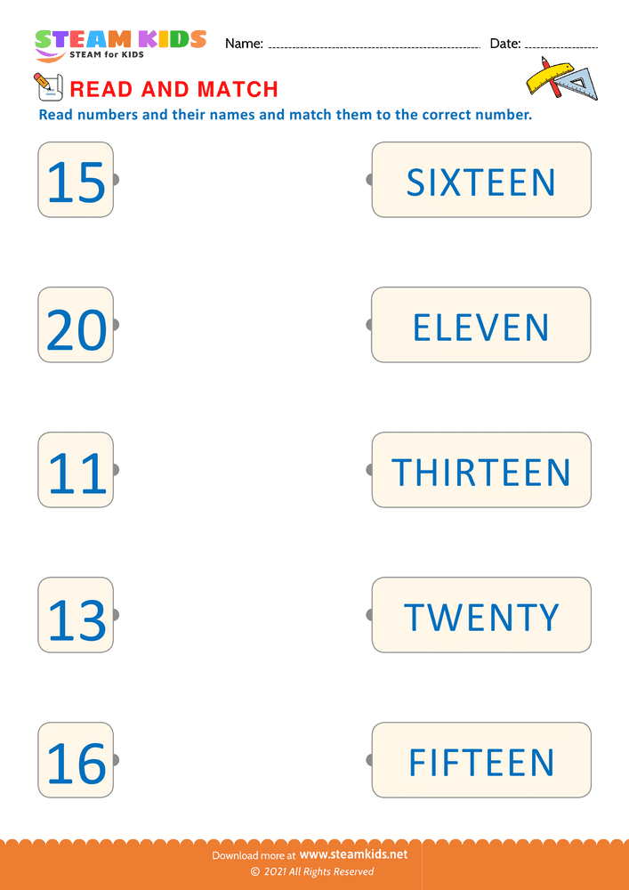 Free Math Worksheet - Read and Match Numbers - Worksheet 9