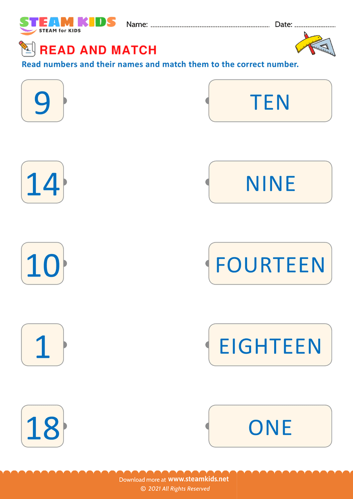 Free Math Worksheet - Read and Match Numbers - Worksheet 10