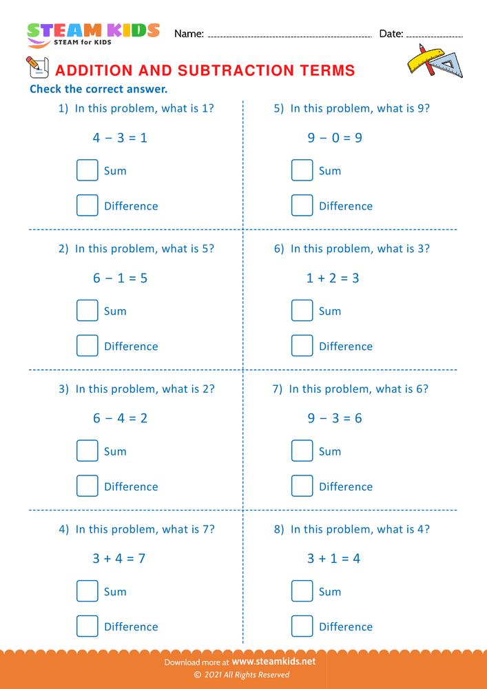 Free Math Worksheet - Check the correct answer - Worksheet 5