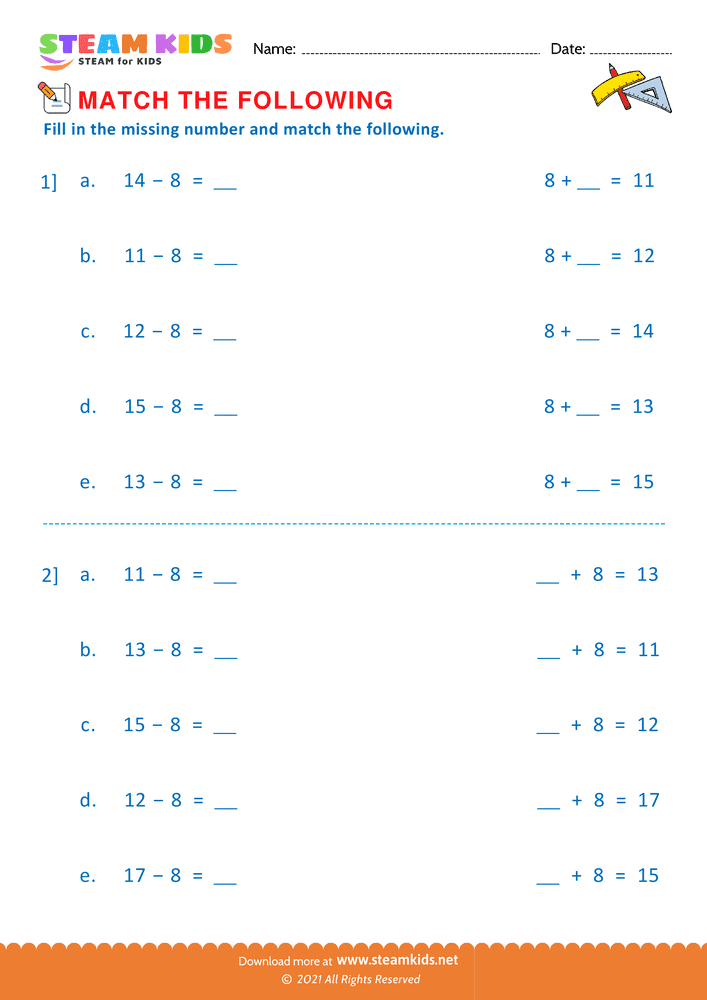 Free Math Worksheet - Match operations - Worksheet 1