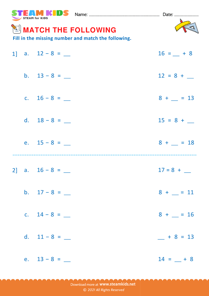 Free Math Worksheet - Match operations - Worksheet 3