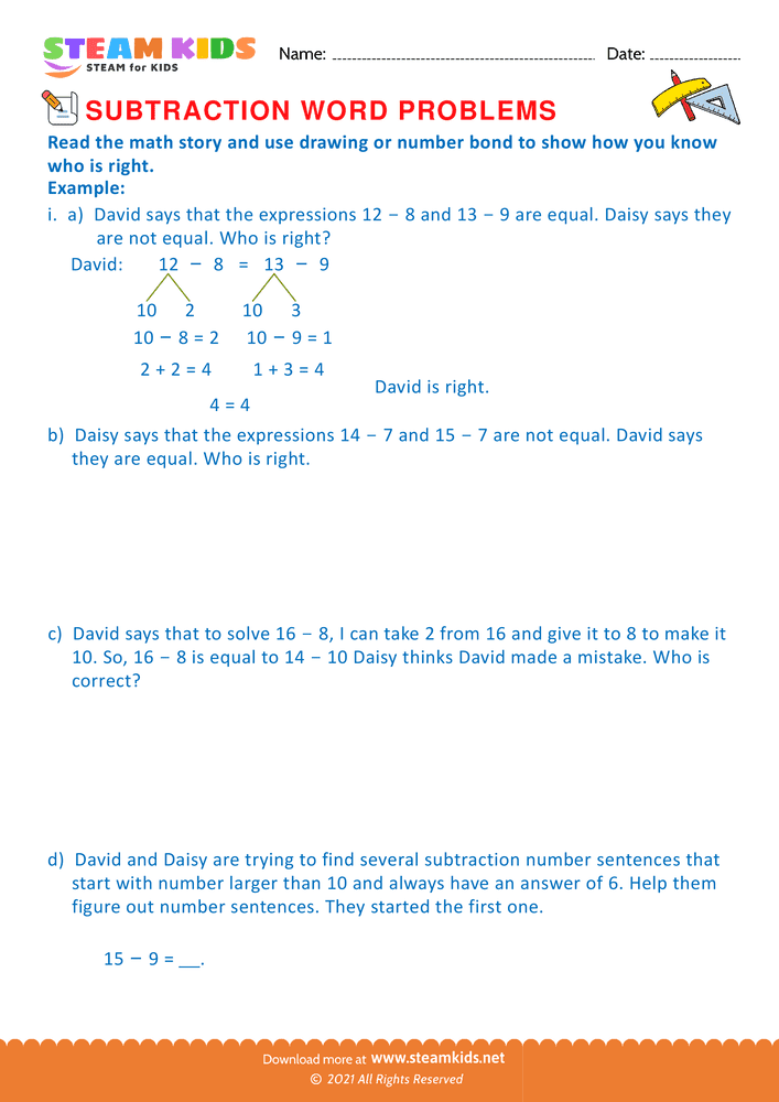 Free Math Worksheet - Math story use number bond - Worksheet 1