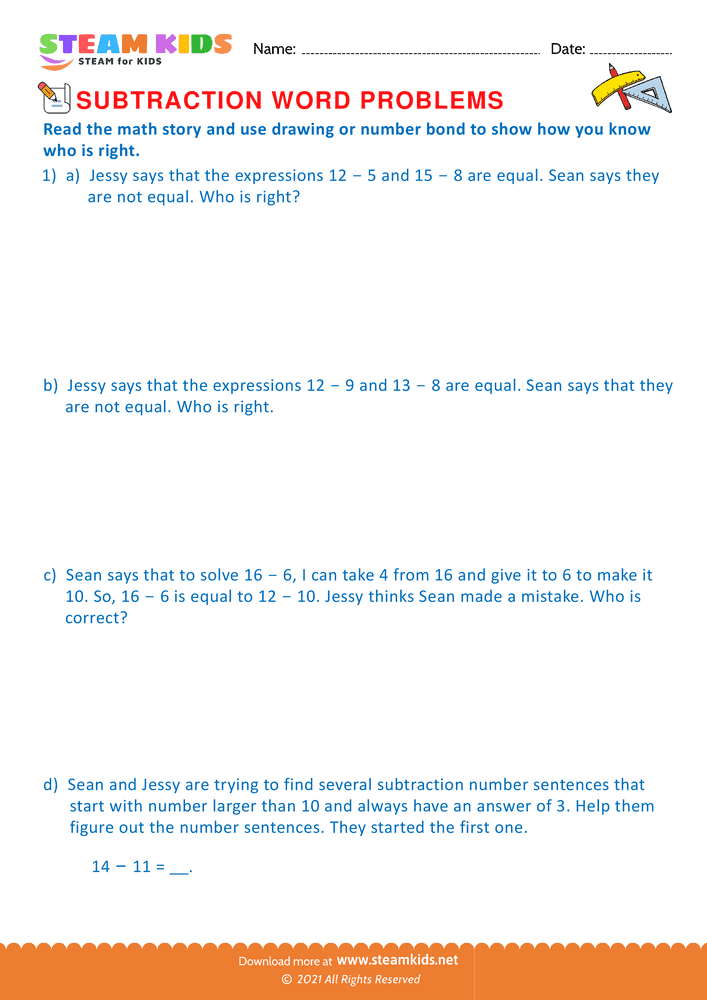 Free Math Worksheet - Math story use number bond - Worksheet 3