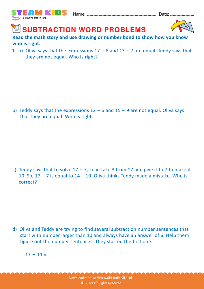 Free Math Worksheet - Math story use number bond - Worksheet 9