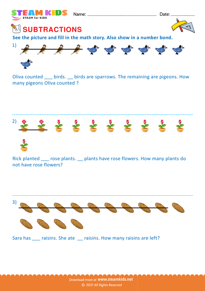 Free Math Worksheet - Picture and fill in the math story - Worksheet 8