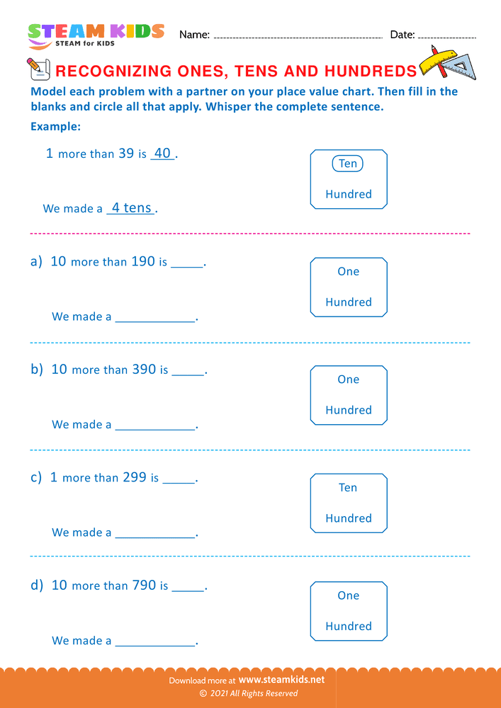 Free Math Worksheet - Recognizing ones tens and hundreds - Worksheet 1