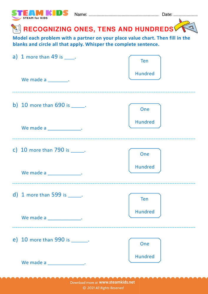 Free Math Worksheet - Recognizing ones tens and hundreds - Worksheet 2