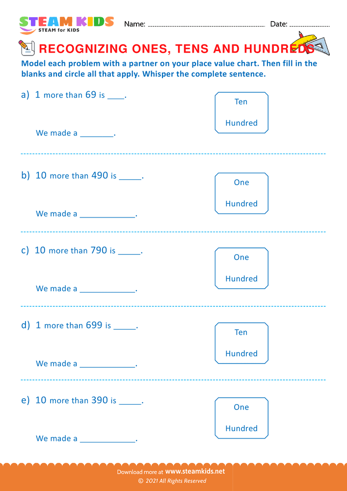 Free Math Worksheet - Recognizing ones tens and hundreds - Worksheet 3