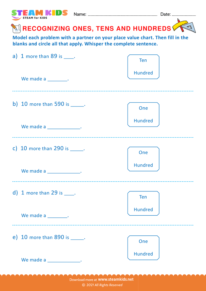 Free Math Worksheet - Recognizing ones tens and hundreds - Worksheet 5