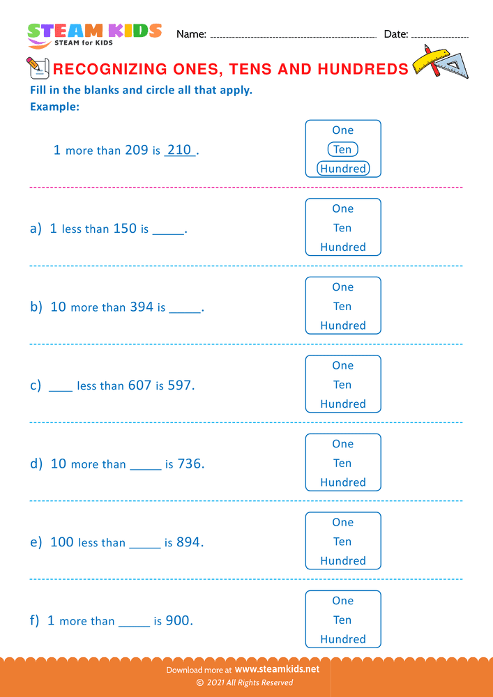 Free Math Worksheet - Recognizing ones tens and hundreds - Worksheet 6