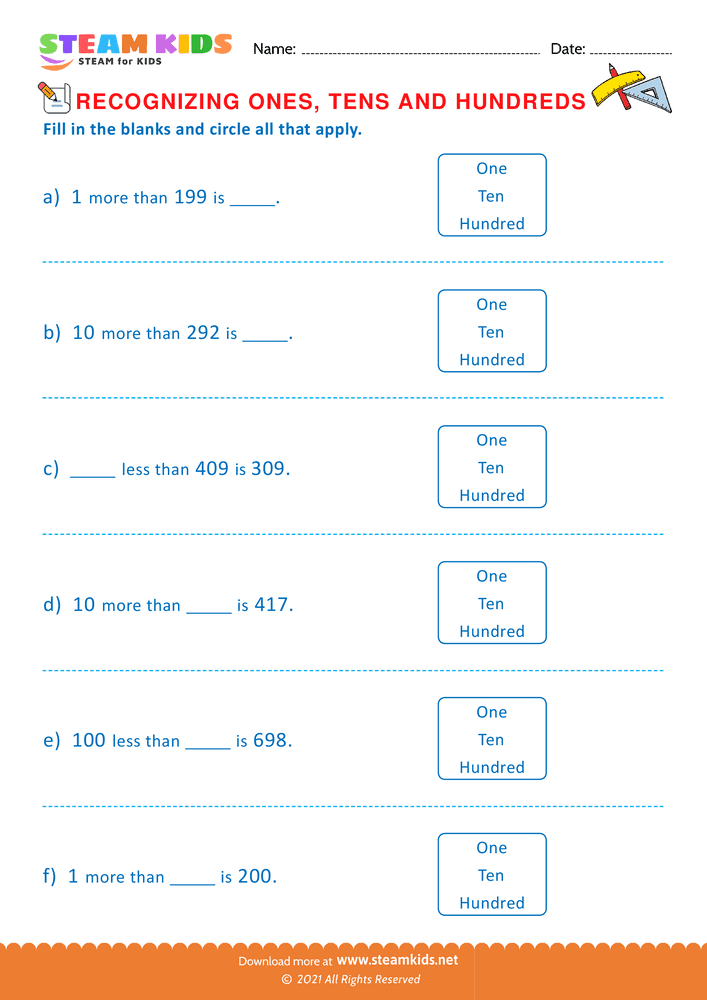 Free Math Worksheet - Recognizing ones tens and hundreds - Worksheet 7