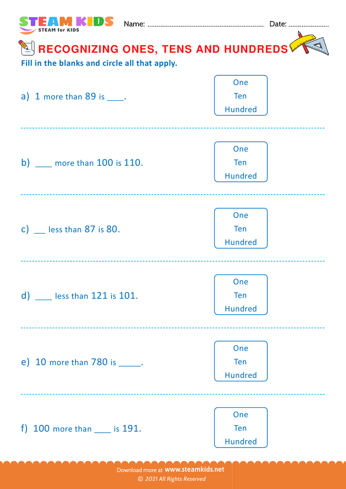 Free Math Worksheet - Recognizing ones tens and hundreds - Worksheet 9