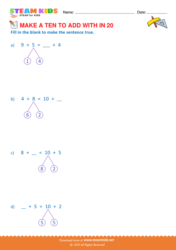 Free Math Worksheet - Make a ten to add with in 20 - Worksheet 7