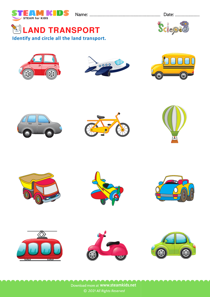 Free Science Worksheet - Land Transportation