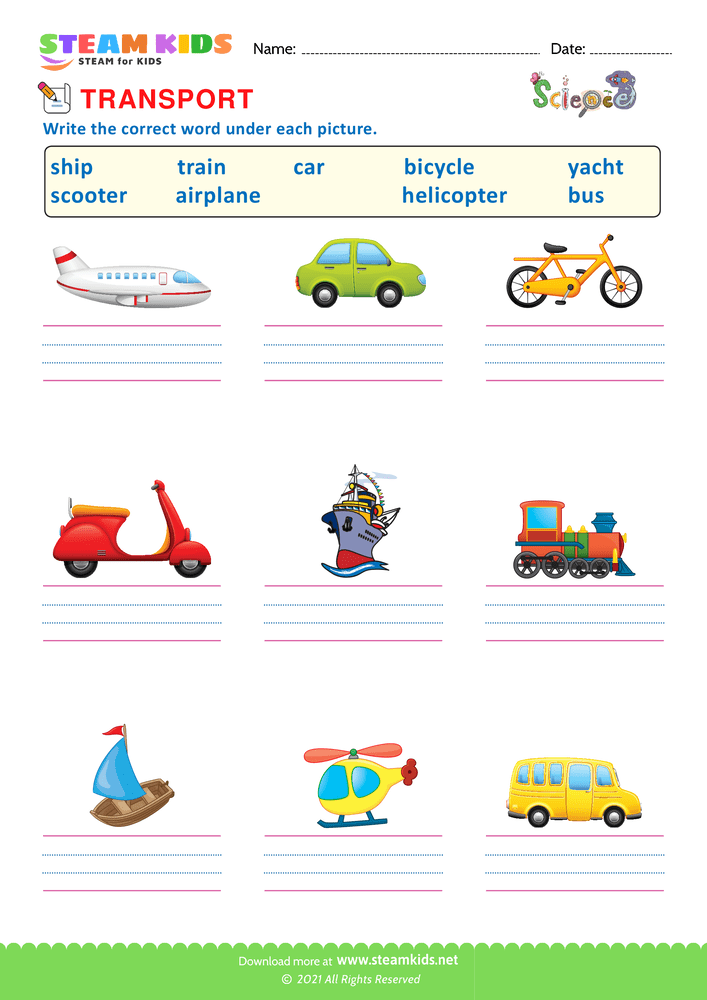 Free Science Worksheet - Land Transportation - Worksheet 3