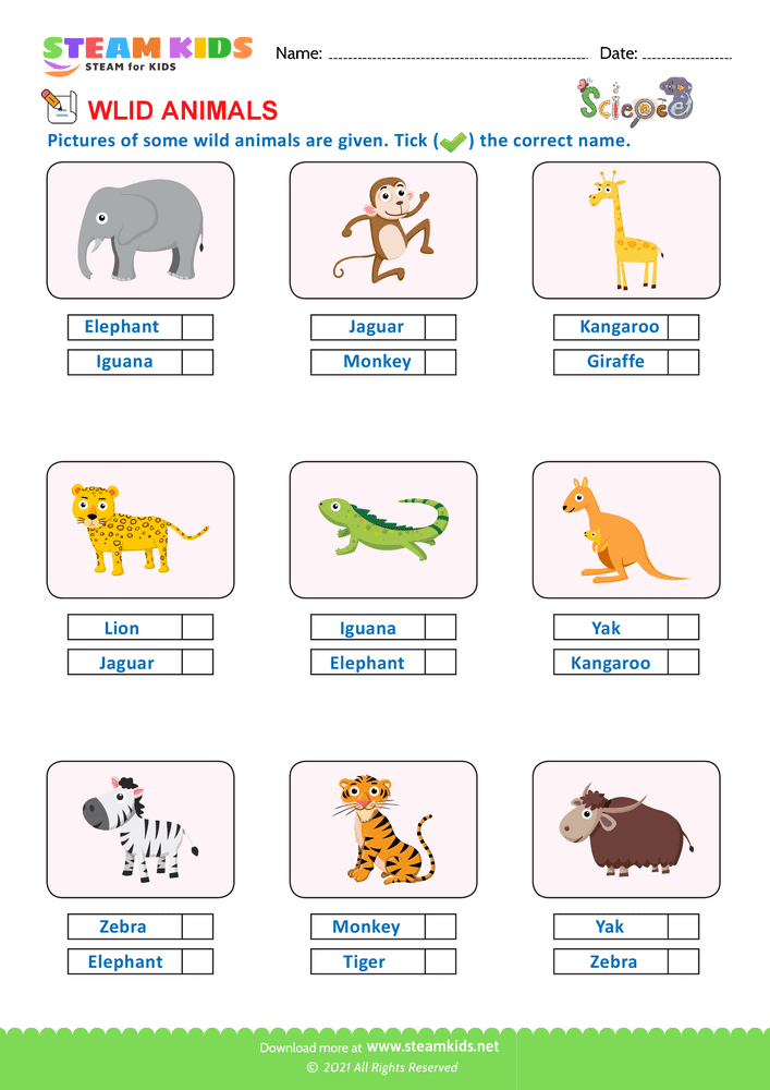 Free Science Worksheet - Wild Animals - Worksheet 1