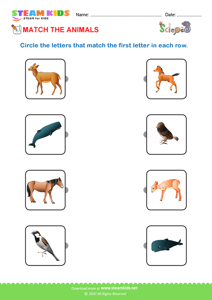 Free Science Worksheet - Match the Animals - Worksheet 1