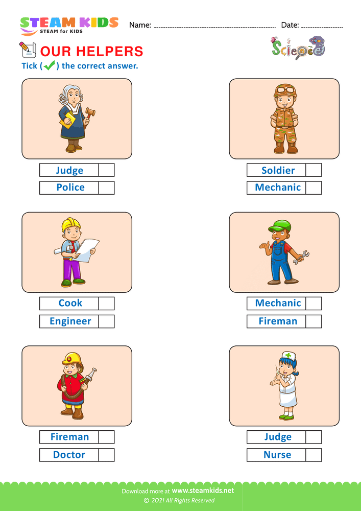 Free Science Worksheet - Our helpers - Worksheet 1
